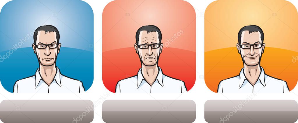 Vector illustration of man in shirt face in three expressions: neutral, sad and happy - head and shoulders composition. Layered vector EPS10 format file.