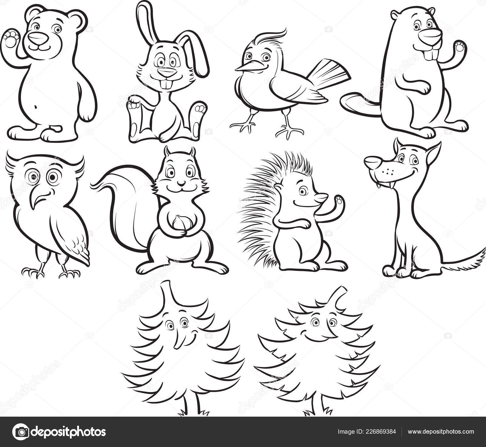 Vector Illustration Coloring Book Cute Cartoon Forest Animals Trees Easy  Stock Vector Image by ©OneLineStock #226869384