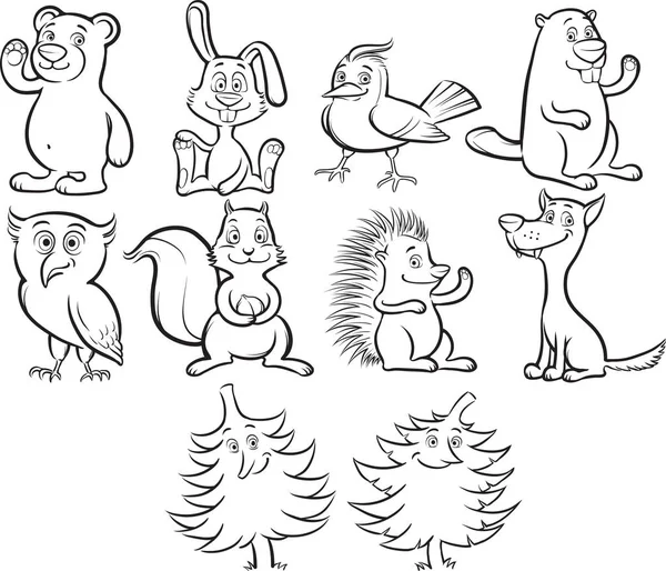 Vector Illustration Coloring Book Cute Cartoon Forest Animals Trees Easy — Stock Vector