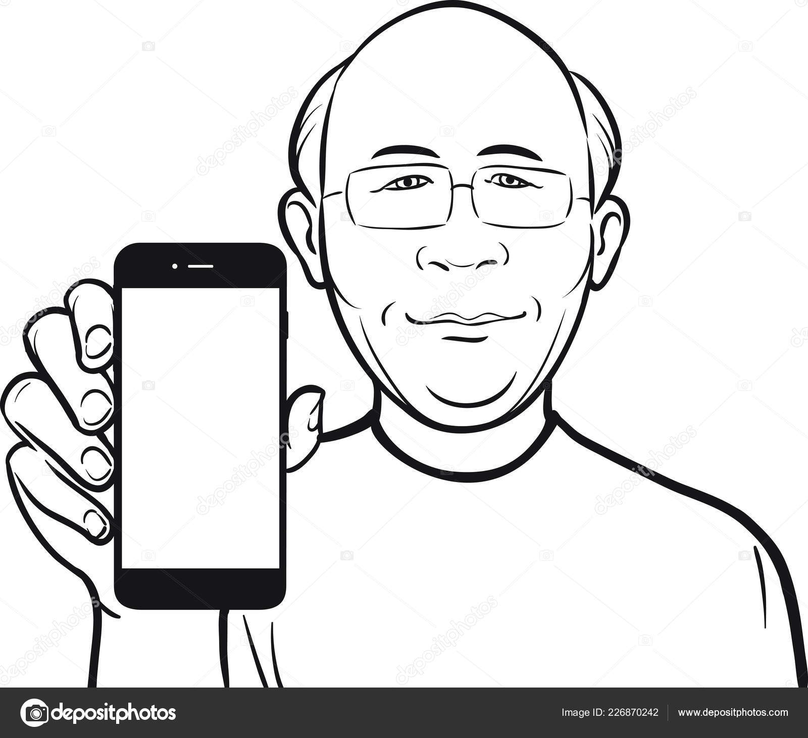 Чертеж Лысого Китайца Показывающего Мобильное Приложение Смартфоне Стоковый  вектор ©OneLineStock 226870242