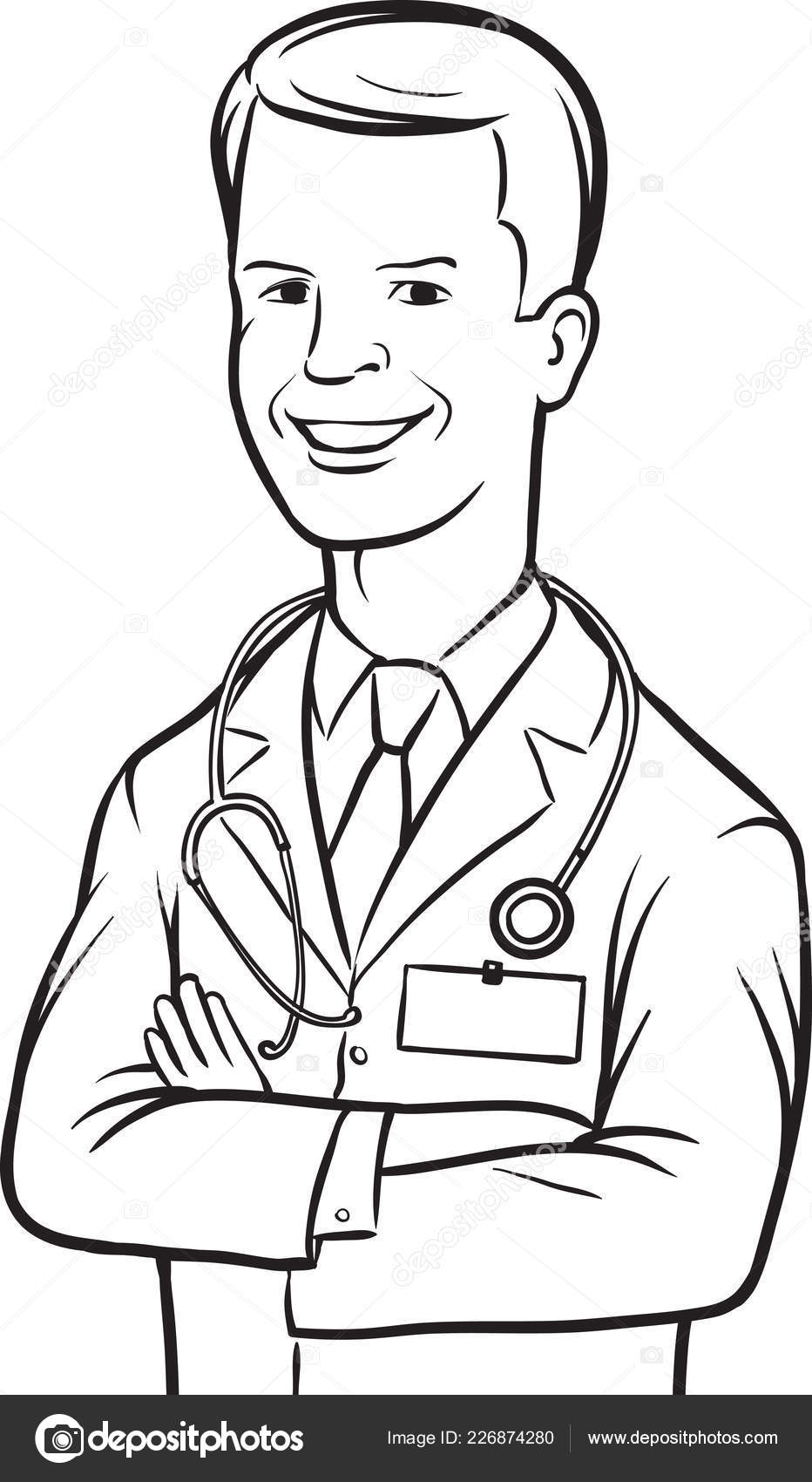 Desenho whiteboard - sorrindo médico mulher com os braços cruzados