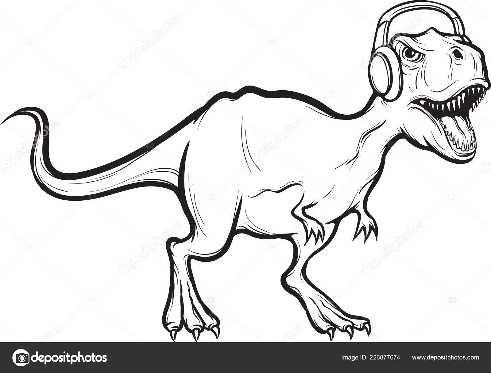 Desenho Quadro Branco Dinossauro Rex Com Fones Ouvido vetor(es) de