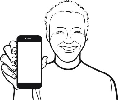 gülümseyen bir Asyalı adamın bir mobil uygulaması bir akıllı telefon üzerinde gösterilen çizgi çizme