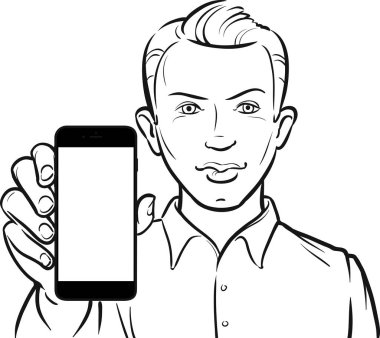 Genç bir adamın bir mobil uygulaması bir akıllı telefon üzerinde gösterilen çizgi çizme