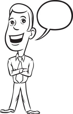 beyaz tahta çizim - işadamı konuşma balonu ile konuşurken ayakta neşeli. Kolay katmanlı vektör Eps10 dosyası kalite kaybı olmadan herhangi bir boyutta ölçeklendirilebilir Düzenle.
