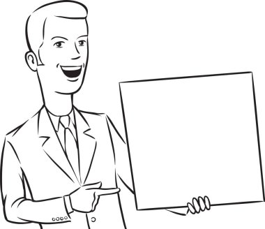 beyaz tahta çizim - boş afişini işaret eden işadamı