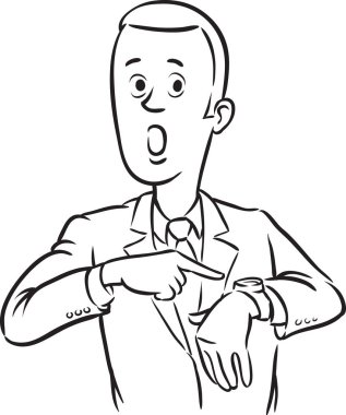 beyaz tahta çizim - karikatür işadamı saatini zamanında kontrol