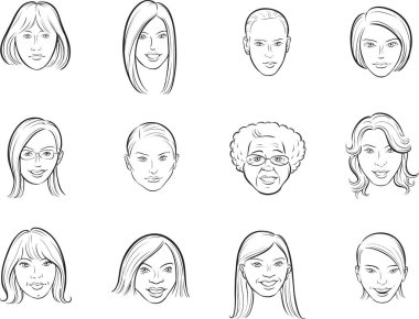 beyaz tahta çizim - çizgi film avatar güzel kadınların yüzleri