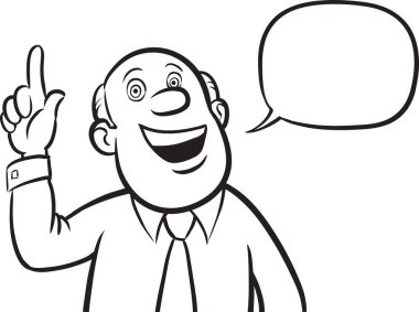 beyaz tahta çizim - karikatür kel işadamı konuşma balonu işaret parmağı