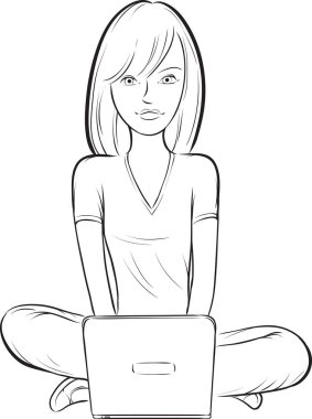 beyaz tahta çizim - laptop ile katta oturan kız