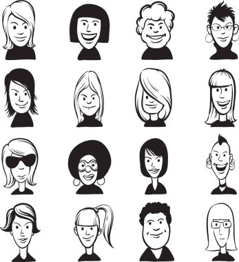 beyaz tahta çizim - doodle kadın karikatür yüzler ayarla