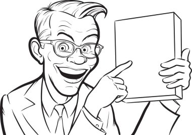 çizim - boş kutuya işaret eden işadamı gülümseyen beyaz tahta. Kolay katmanlı vektör Eps10 dosyası kalite kaybı olmadan herhangi bir boyutta ölçeklendirilebilir Düzenle.