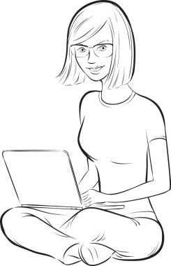 çizim - laptop ile oturan kız gülümseyerek beyaz tahta