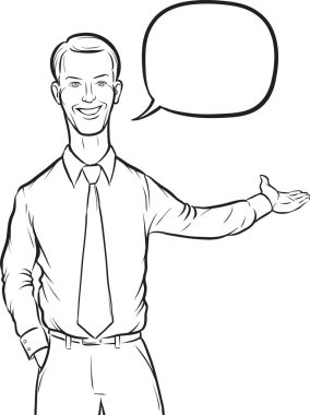 beyaz tahta çizim - işadamı konuşma balonu ile ayakta. Kolay katmanlı vektör Eps10 dosyası kalite kaybı olmadan herhangi bir boyutta ölçeklendirilebilir Düzenle.