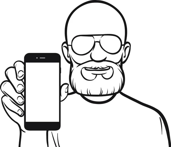 Rysowanie Linii Łysy Mężczyzna Wyświetlono Aplikacja Mobilna Smartfonie — Wektor stockowy