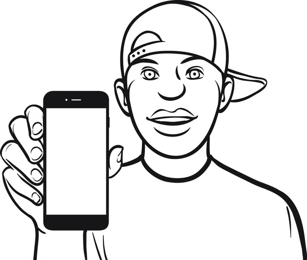 线绘图的一个黑人在帽子显示一个移动应用程序上的智能手机 — 图库矢量图片