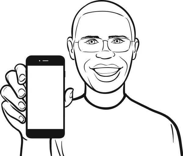 Dessin Trait Homme Noir Lunettes Montrant Une Application Mobile Sur — Image vectorielle