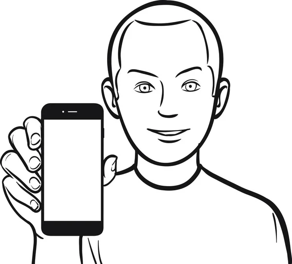 Linienzeichnung Eines Mannes Der Eine Mobile App Auf Einem Smartphone — Stockvektor