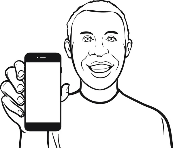 Mutlu Bir Siyah Adamın Bir Mobil Uygulaması Bir Akıllı Telefon — Stok Vektör