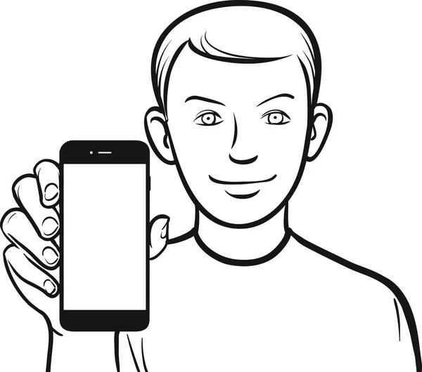 Рисование Линии Счастливого Молодого Человека Показывающего Мобильное Приложение Смартфоне — стоковый вектор