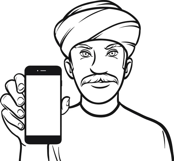线画一个人在头巾显示智能手机上的移动应用程序 — 图库矢量图片
