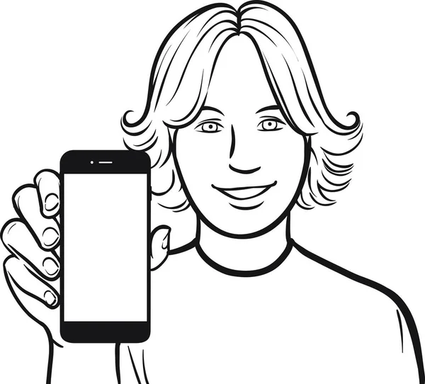 Egy Hosszú Hajú Srác Mutatja Mobil App Egy Okos Telefon — Stock Vector