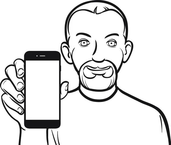 Чертеж Человека Показывающего Мобильное Приложение Смартфоне — стоковый вектор