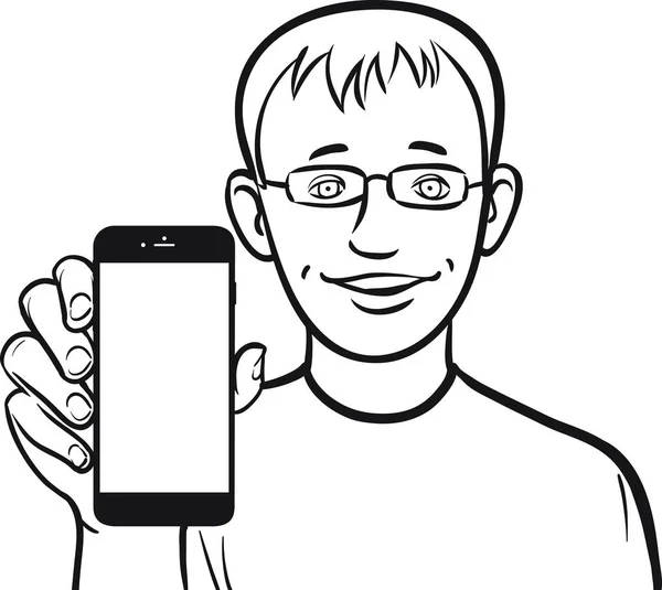 Linha Desenho Homem Óculos Mostrando Aplicativo Móvel Telefone Inteligente — Vetor de Stock