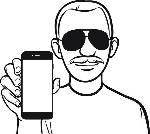在智能手机上显示移动应用程序的胡子人的线条绘图 — 图库矢量图片