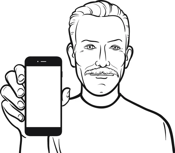 Rysowanie Linii Wąsy Starszego Mężczyzny Wyświetlono Aplikacja Mobilna Smartfonie — Wektor stockowy