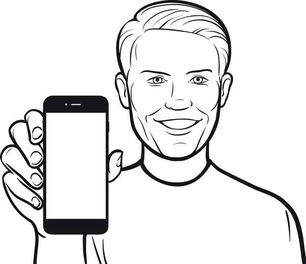 Retro Bir Adamın Bir Mobil Uygulaması Bir Akıllı Telefon Üzerinde — Stok Vektör
