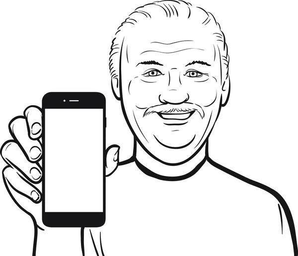 Desenho Linha Homem Sênior Mostrando Aplicativo Móvel Telefone Inteligente —  Vetores de Stock