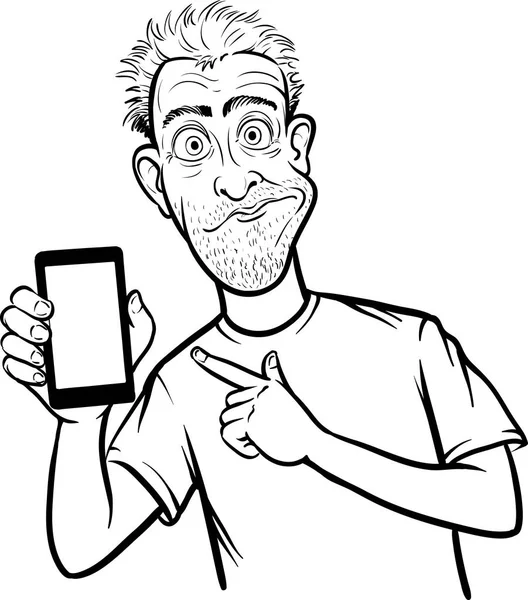 Dibujo Línea Hombre Sorprendido Mostrando Una Aplicación Móvil Teléfono Inteligente — Vector de stock
