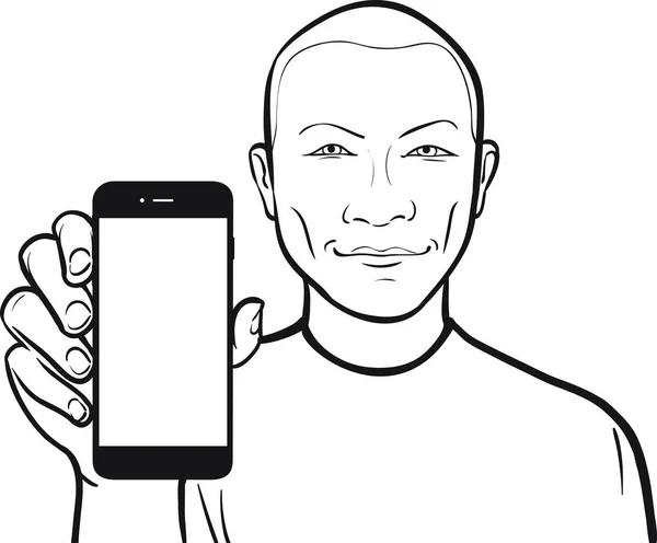 Disegno Linee Uomo Dai Capelli Corti Che Mostra App Mobile — Vettoriale Stock