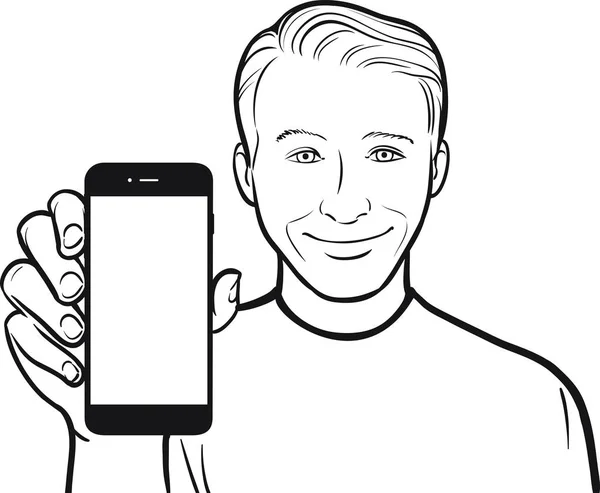 Linje Ritning Leende Ung Man Visar Mobilapp Smart Telefon — Stock vektor