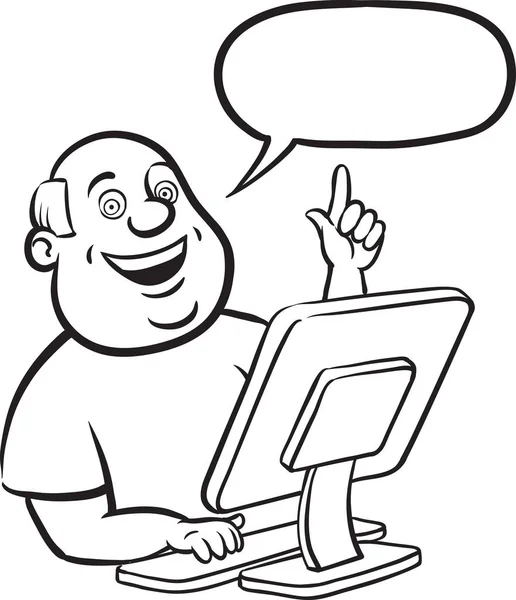 ホワイト ボード描画 デスクトップ コンピューターと漫画デブ男 — ストックベクタ