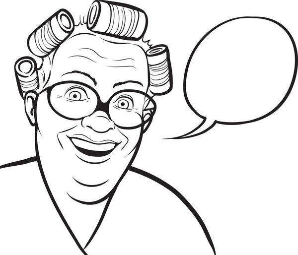 whiteboard drawing - cartoon fat housewife in hair curlers with speech bubble