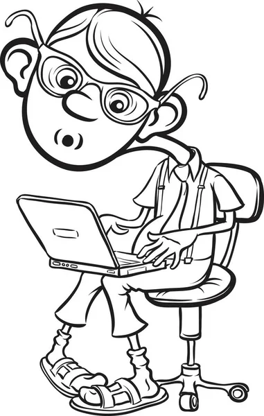 Tableau Blanc Dessin Cartoon Geek Garçon Assis Avec Ordinateur Portable — Image vectorielle