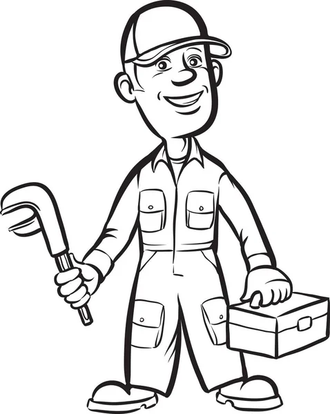 Whiteboard Zeichnung Cartoon Klempner Mit Schraubenschlüssel Und Werkzeugkiste — Stockvektor