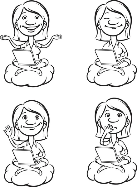 Whiteboard Zeichnung Cartoon Frau Auf Einer Wolke Mit Laptop — Stockvektor