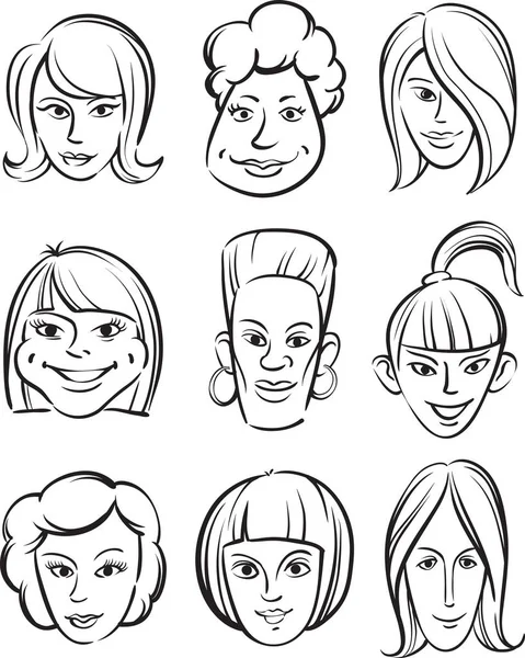 Dibujo Pizarra Blanca Caras Mujeres Divertidas — Vector de stock