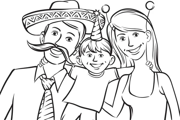 ホワイト ボード描画 メキシコ スタイルの帽子で幸せな家族 — ストックベクタ