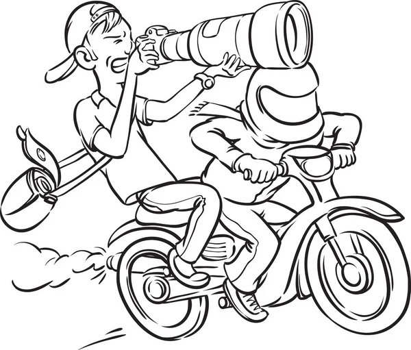 Whiteboard Drawing Paparazzi Riding Motorbike Full Speed — Stock Vector