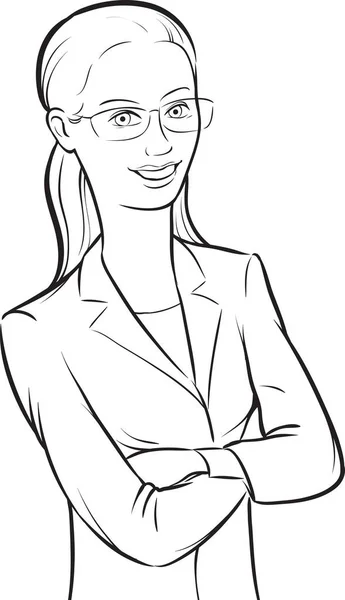 Desenho Quadro Branco Mulher Negócios Sorridente Óculos Com Braços Cruzados —  Vetores de Stock