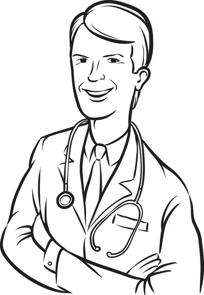 Whiteboard Drawing Smiling Doctor Arms Crossed — Stock Vector