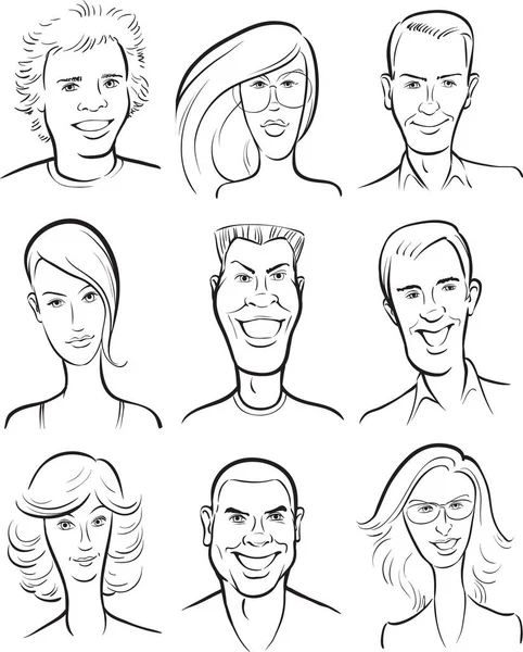 Whiteboard Drawing Smiling Men Women Faces Collection — Stock Vector