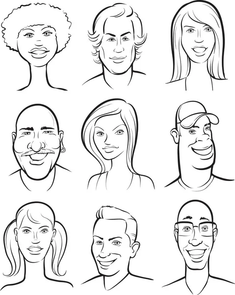 Dibujo Pizarra Personas Sonrientes Enfrenta Colección — Vector de stock