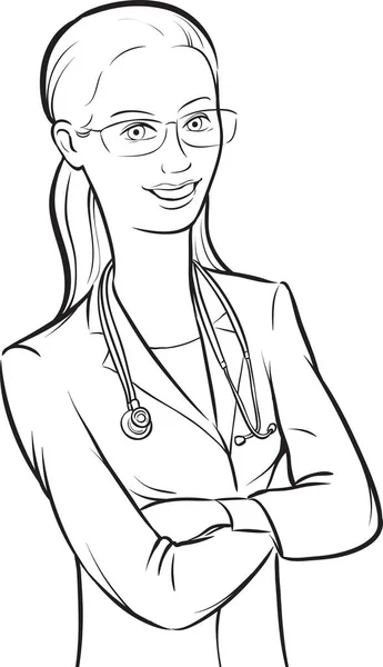 Whiteboard Drawing Smiling Woman Doctor Glasses Arms Crossed — Stock Vector