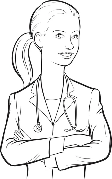 Desen Tablă Albă Zâmbitoare Femeie Medic Brațele Încrucișate — Vector de stoc