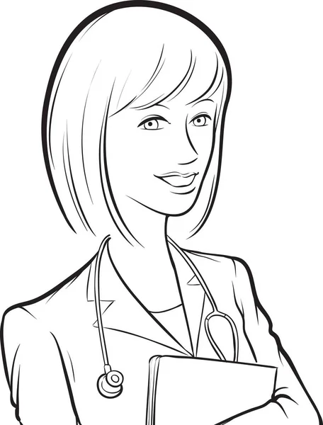 Dibujo Pizarra Mujer Sonriente Médico Con Papeles — Vector de stock